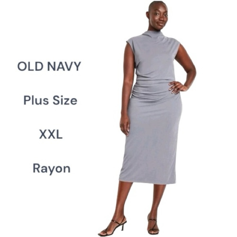 OLD NAVY Grey Ruched Midi Dress Mock Neck Rayon Women’s Plus Size XXL